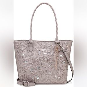 PATRICIA NASH Metallic Cutout Tooled Leather Adeline Tote in Stone NWT